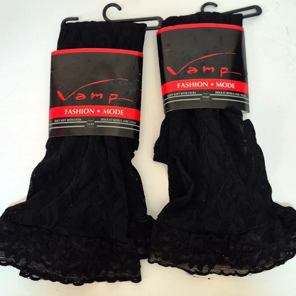 Vintage Vamp Lyrca Black Lace Thigh High Stockings OS